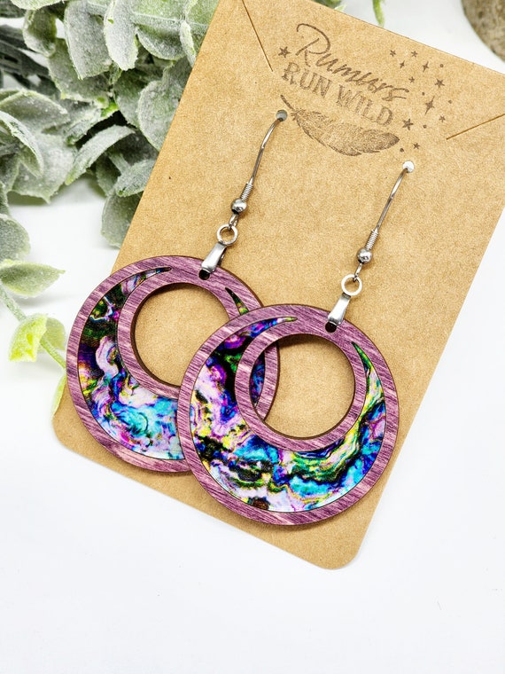 Colorful Purple Wood Dangle Earrings Lightweight, Unique Birthday Gift for Mom, Purple Lover Gift for Best Friend, Nickel Free, for Sister