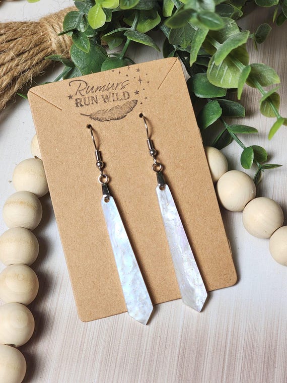 White Pearl Acrylic Earrings for Her, Shimmery Thin Dangles, Lightweight and Nickle Free Gift for Mom