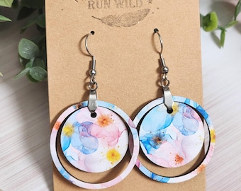 Watercolor Floral Wood Earrings, Pastel Flower Circle Dangles, Blue Pink Botanical Earrings, Lightweight Boho Statement Jewelry Gift
