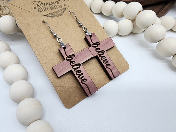 Beautiful Cross Earrings, Engraved, Believe, Great Gift For Her, Lightweight Wood Earrings, Religious Earrings, Christian Gift, Xmas gift