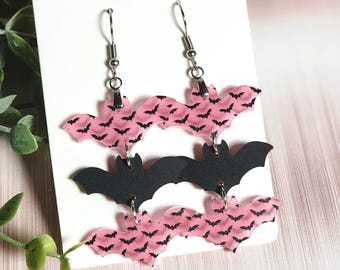 Pink Bat Earrings Glow in the Dark Halloween Earrings Black Bat Dangles Spooky Acrylic Jewelry