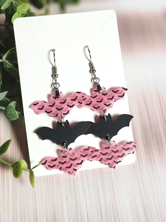 Pink Bat Earrings Glow in the Dark Halloween Earrings Black Bat Dangles Spooky Acrylic Jewelry