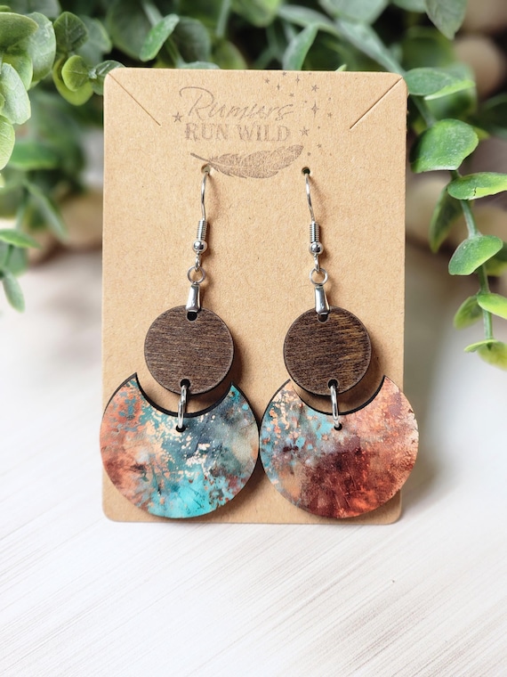 Boho Wood Patina Earrings, Colorful Rustic Lightweight Earrings, Statement Earrings for Women, Handmade Boho Wooden Dangle Jewelry for Her