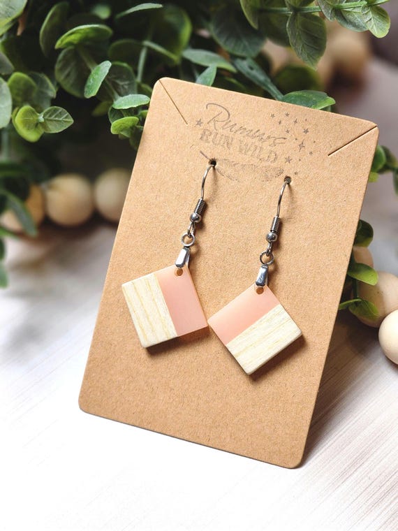 Soft Pink Resin and Wood Earrings, Lightweight Dangle Earrings for Girlfriend, Fun Dangle Earrings, Small Boho Style Jewelry Gift for Her