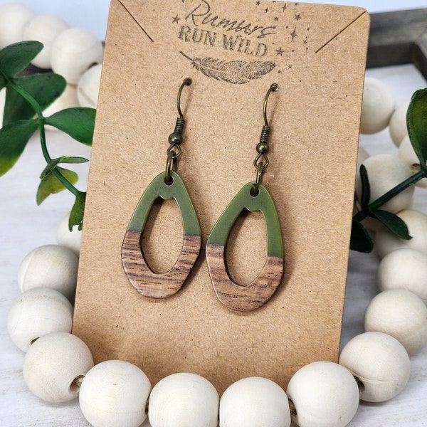 Funky Green & Wood Earrings, Fun  Earrings, Boho Earrings, Resin Earrings, Wood Earrings - Green Earrings, Lightweight, Gift for Her, Cute