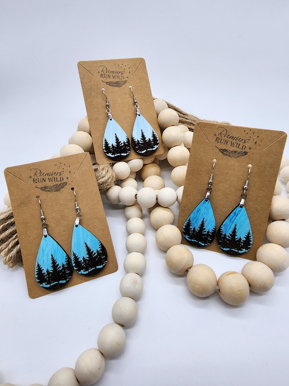 Blue Sky Tree Line Engraved Wood Earrings, wood dangle earrings, boho earrings, Nature Themed, day sky, teardrop, cute, Lightweight