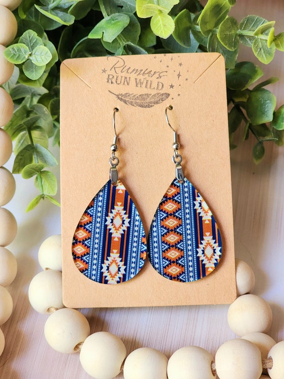 Western Boho Earring Dangles for Her, Southwestern Earrings Nickel Free, Cute Blue and Red Handmade Teardrop, Best Gift for Best Friend