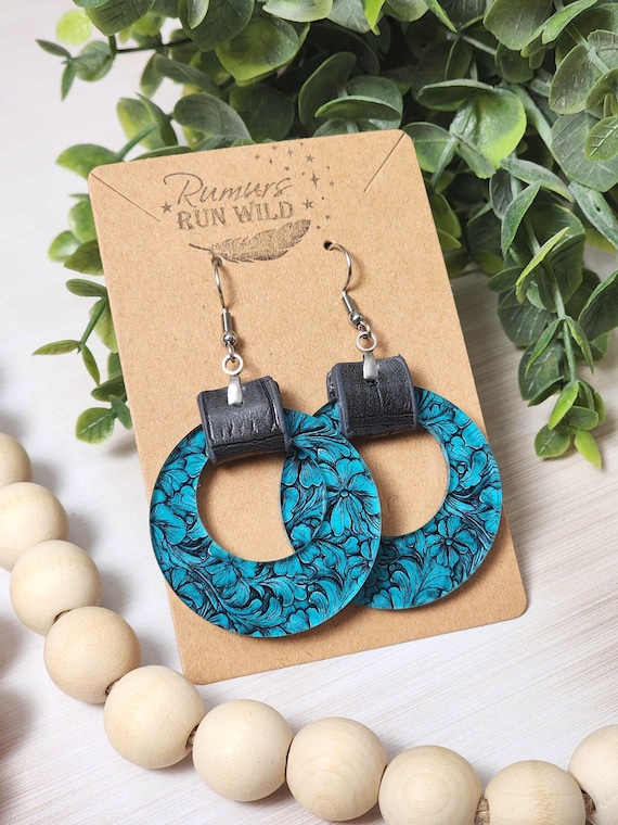 Turquoise Floral Earrings for her: Lightweight Boho Earrings with Vegan Leather, Bohemian Gift for Women