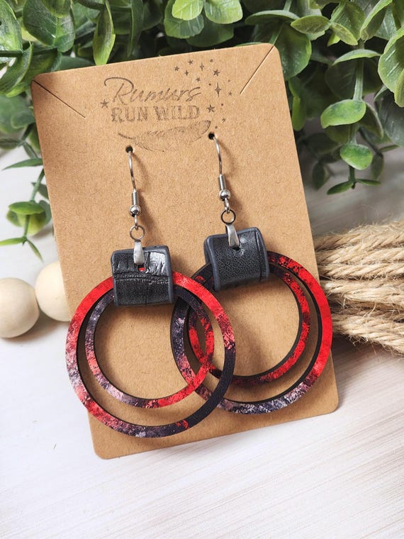Boho Wood Statement Earrings: Black and Red Wood Dangle Earrings for Her, Handmade Jewelry Gift for Her, Lightweight Earrings for Mom