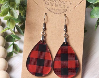 Buffalo Plaid Earrings: Red Buffalo Plaid Teardrop, Lightweight Christmas Earrings