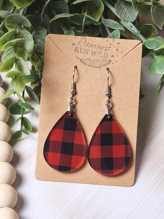 Buffalo Plaid Earrings: Red Buffalo Plaid Teardrop, Lightweight Christmas Earrings