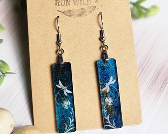 Blue Dragonfly Earrings, Small Blue Earrings with Patina Colors, Nature Dangle Earrings, Copper Patina Jewelry, Botanical Gift for Her