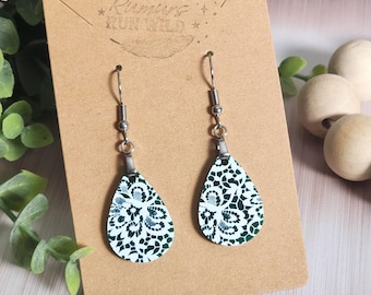 Hunter Green Lace Earrings, White Floral Teardrop Earrings, Mini Green Acrylic Dangles, Botanical Statement Jewelry