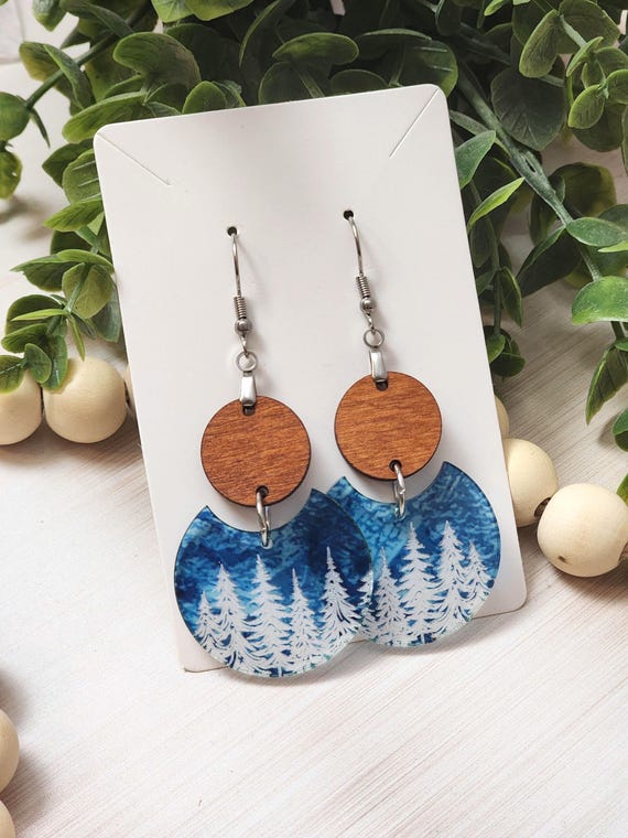 Boho Forest Dangle Earrings: Engraved Trees with a Winter Sky, Nature Themed Christmas Earrings for Her
