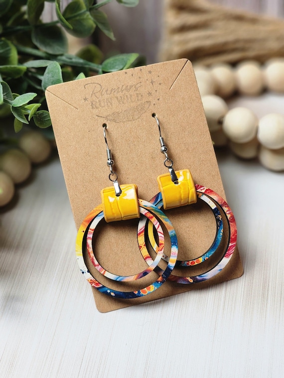 Boho Earrings, Colorful Summer Statement Earrings, Wooden Hoop Earrings