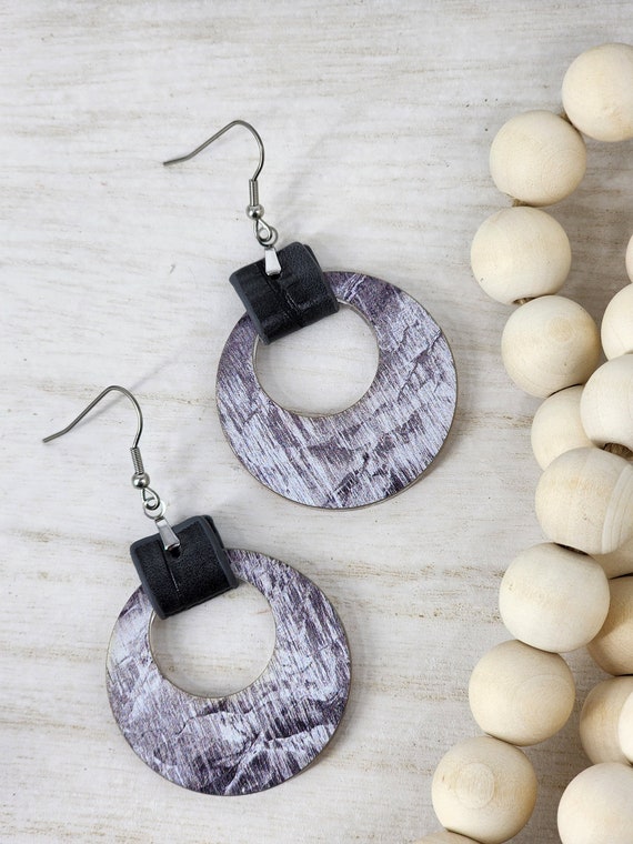 Modern Concrete Earring, Vegan Leather and Circle Dangle Earring, Edgy Gift for Girlfriend, Industrial Earring for Mom, Unique Boho Earring