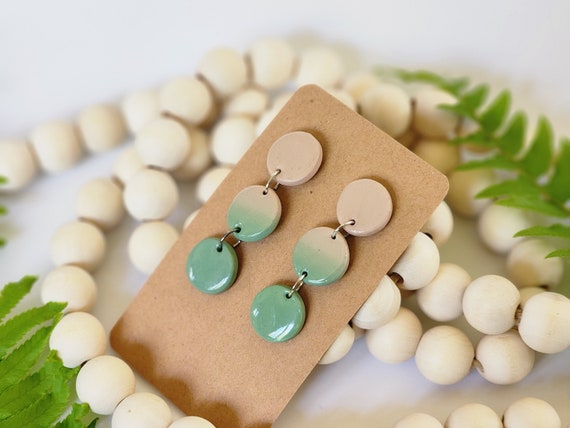 Handmade Clay Dangle Earrings, Tan and Green Gradient Earrings, Circle Dangle, Gift for Her, Stand out Earring, fun and unique, Lightweight