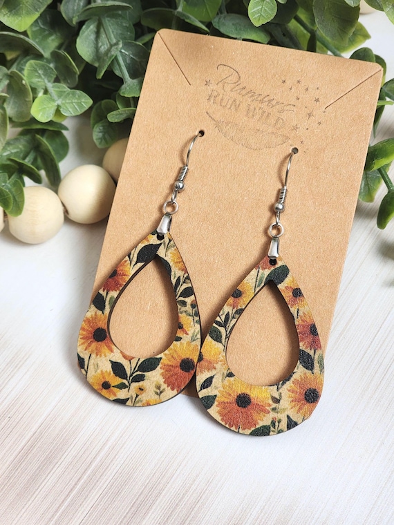 Sunflower Statement Earrings, Large Teardrop Floral Earrings, Bold Lightweight Boho Earrings, Rustic Wood Look Jewelry, Gift for Her