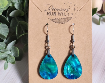Blue Green Swirl Earrings, Mini Poured Acrylic Earrings, Ocean Inspired Teardrop Dangles, Lightweight Colorful Jewelry Gift
