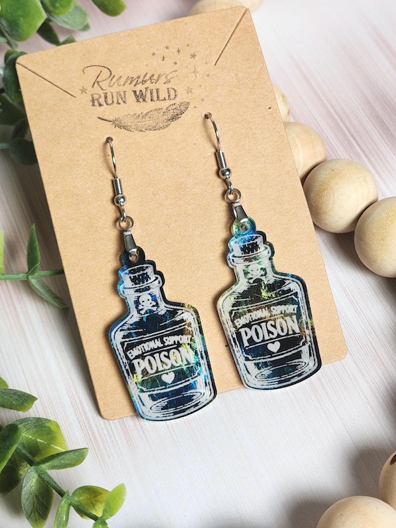 Emotional Support Poison Earrings, Gothic Potion Bottle Dangles, Dark Humor Acrylic Earrings, Alternative Witchy Gift