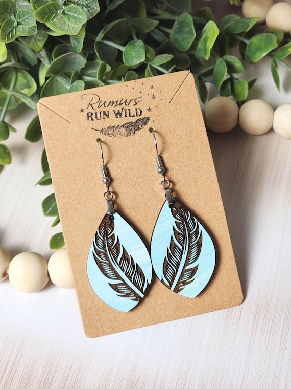 Boho Dangle Earrings with Engraved Feathers, Lightweight Wooden Earrings, Nature Themed Jewelry, Nickle Free