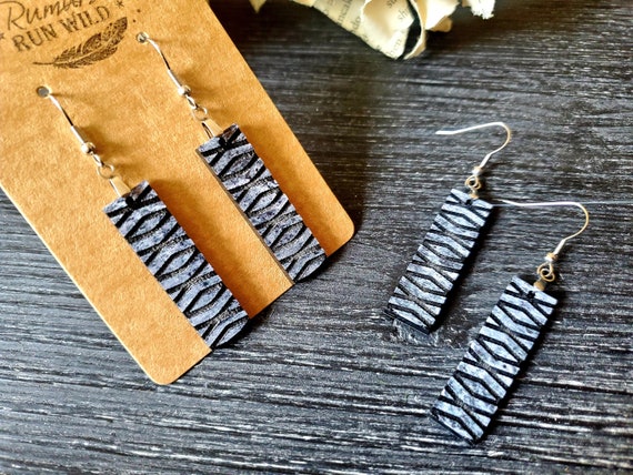 Long Bar Earrings in Cement Printed Acrylic, Engraved Earrings, Rustic Cement Look with Crisscross Engraved Patten in Black, Fun and Unique