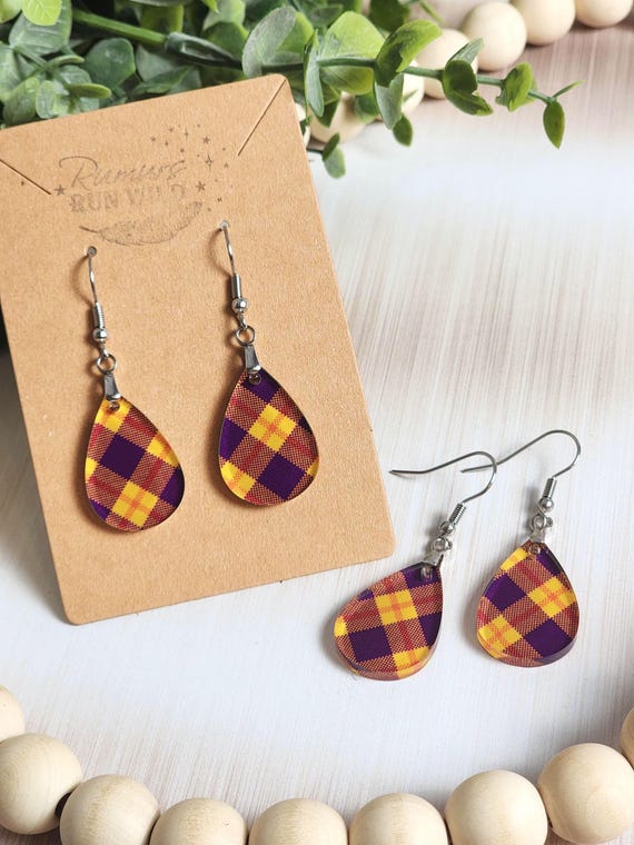 Purple and Gold Plaid Earrings, Mini Teardrop Earrings, Lightweight Acrylic Dangle, Fall Jewelry, Trendy Plaid Earrings, Gift for Her