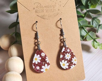 Mini Daisy Dangle Earrings: Pink Glitter Acrylic, Nickel Free