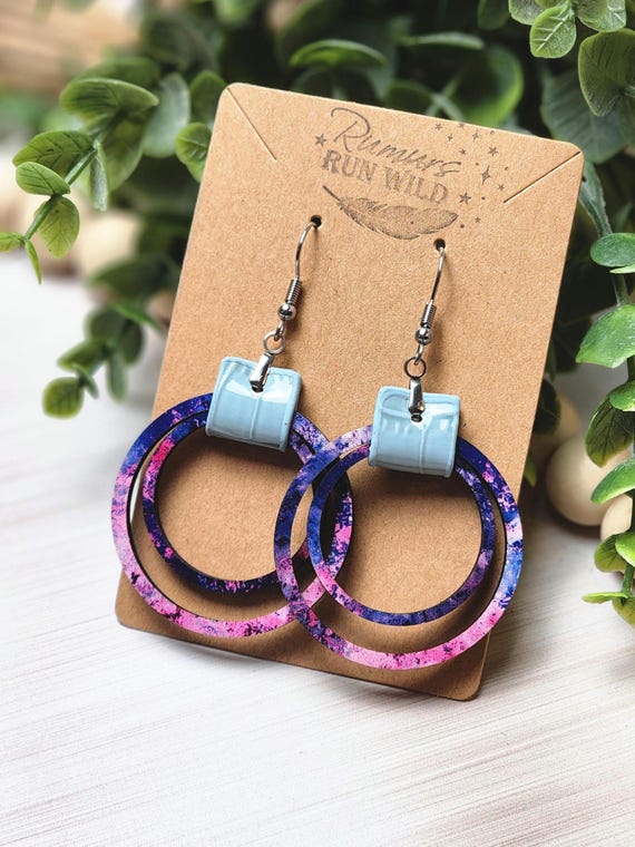 Boho Wood Earrings for Her, Wooden Hoop Statement Earrings in Pinks, Purple, and Blue, Handmade Jewelry Birthday Gift for Daughter