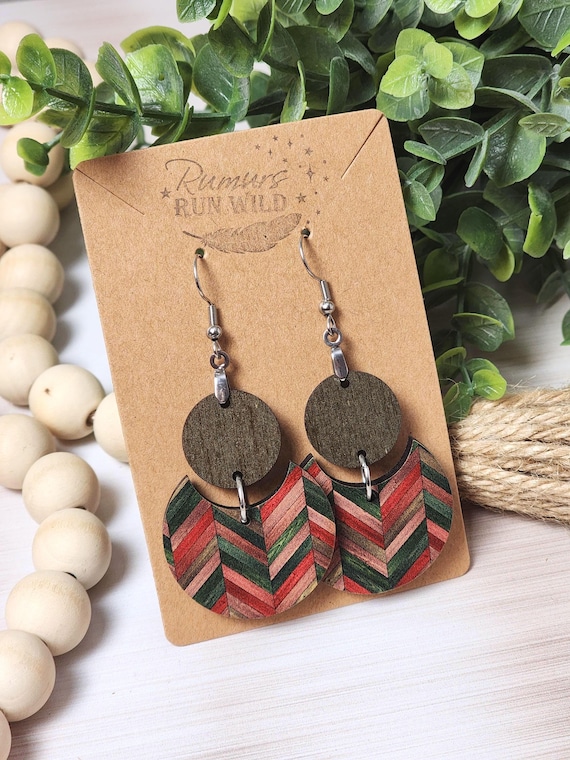 Boho Wooden Dangle Earrings, Earthy Colored Geometric Statement Jewelry for Girlfriend, Lightweight Chevron Earrings for Her
