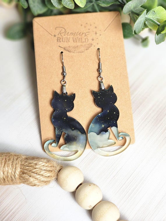 Galaxy Cat Earrings, Black Cat Dangle Earrings, Celestial Cat Jewelry, Starry Night Earrings, Cat Lover Gift, Moon Cat Earrings