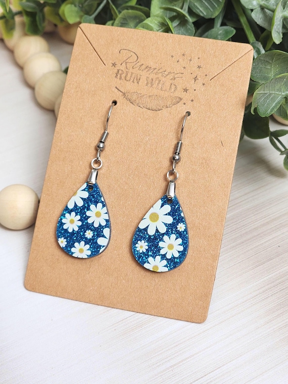 Blue Daisy Earrings, Floral Mini Dangles, Cute Flower Earrings, Spring Summer Jewelry, Retro Boho Earrings, Gift for Her, Lightweight