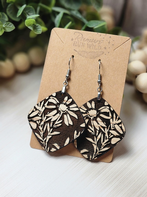Large Wooden Boho Earrings for Her, Engraved Daisy Earrings, Lightweight Wood Floral Earrings