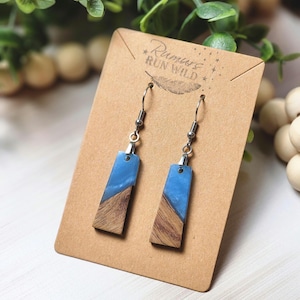 Blue Resin Wood Earrings, Handmade Lightweight Dangle Earrings, Nature Inspired Jewelry, Neutral Boho Style Gift for Her, Sky Earrings