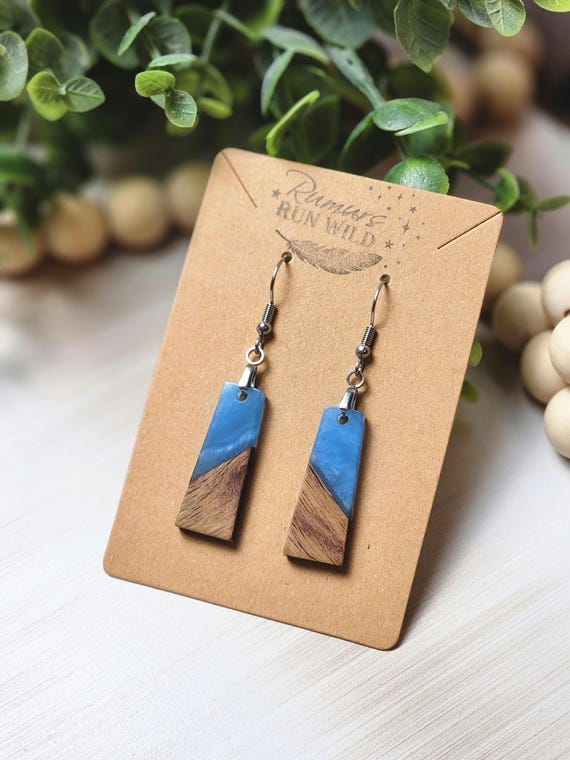 Blue Resin Wood Earrings, Handmade Lightweight Dangle Earrings, Nature Inspired Jewelry, Neutral Boho Style Gift for Her, Sky Earrings
