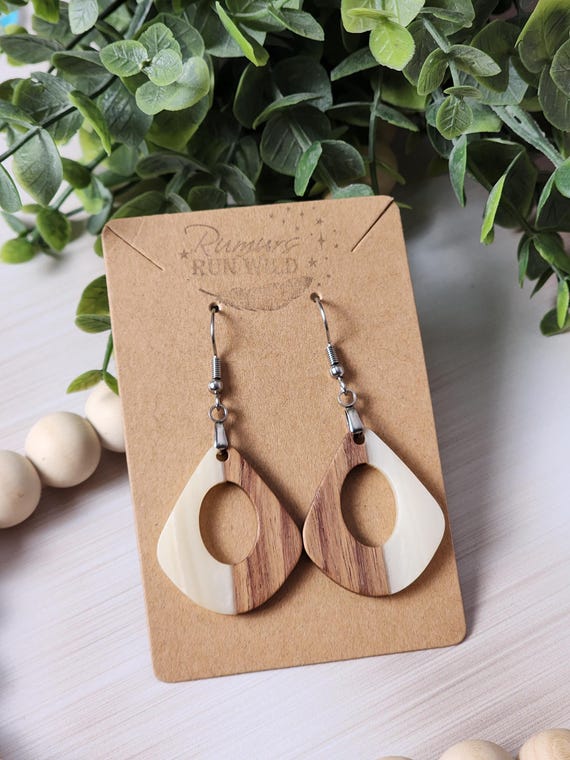 Off White Resin Wood Open Teardrop Earrings: Lightweight Boho Dangle Jewelry for Her, Statement Earrings