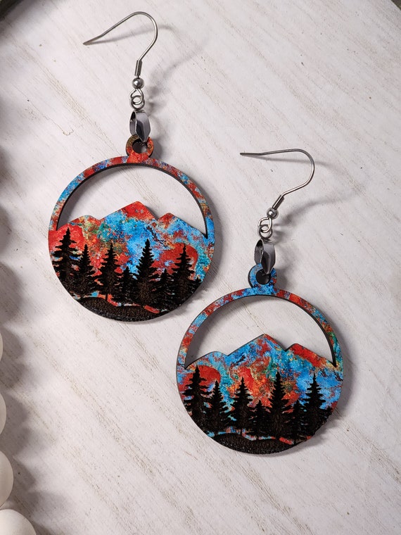 Mountain Earrings, Engraved Earring, Tree Earring, Wooden Boho Earring for Women, Nature Jewelry, Wood Dangle Earring Gift for Her, For Mom
