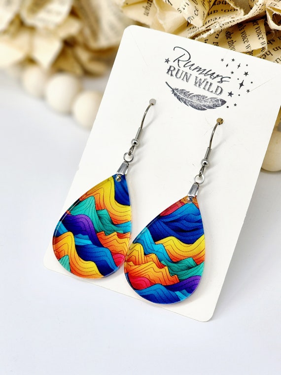 Colorful Teardrop Earrings, Lightweight, Mountian Scene, Mountian Earrings, Colorful Paper Pattern Earrings, Nature Inspired, Fun Earrings