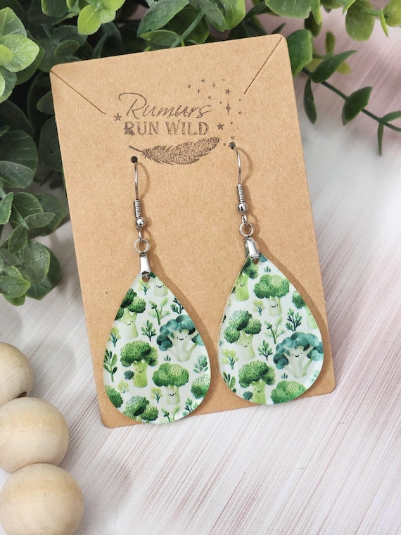 Broccoli Earrings, Cute Vegetable Earrings, Kawaii Food Dangle Earrings, Funny Green Earrings, Clearance
