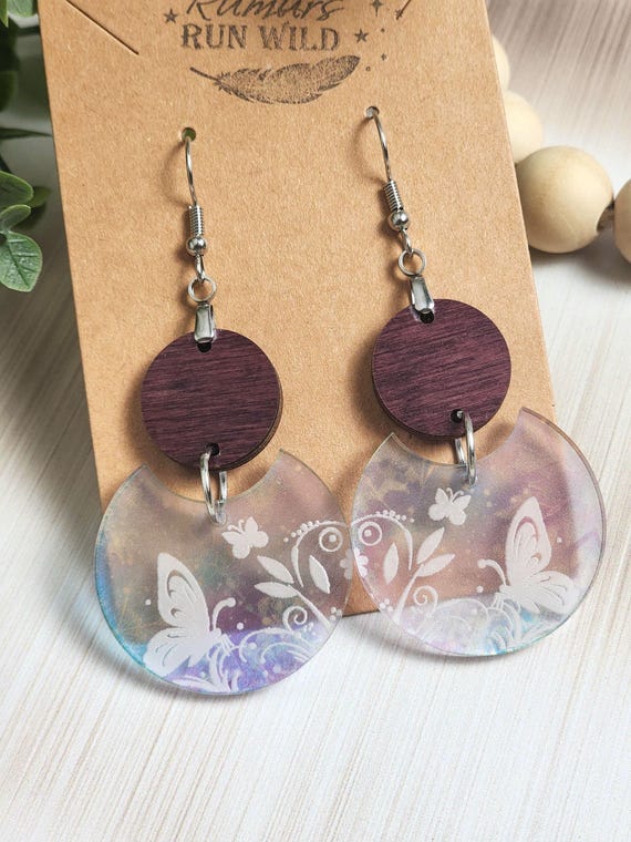 Butterfly Earrings, Purple Wood and Acrylic Dangle Earrings, Lightweight Whimsical Boho Jewelry, Gift for Her