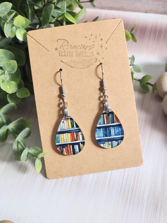 Mini Bookshelf Earrings, Book Lover Jewelry, Library Earrings, Reader Gift, Colorful Book Dangle Earrings, Lightweight Acrylic Earrings