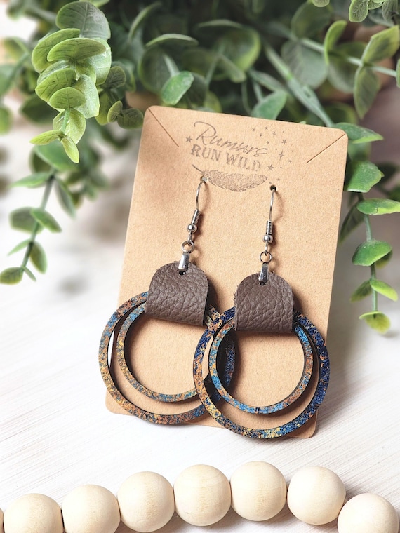 Rustic Wooden Dangle Earrings: Blue Rust Boho Leather Earrings