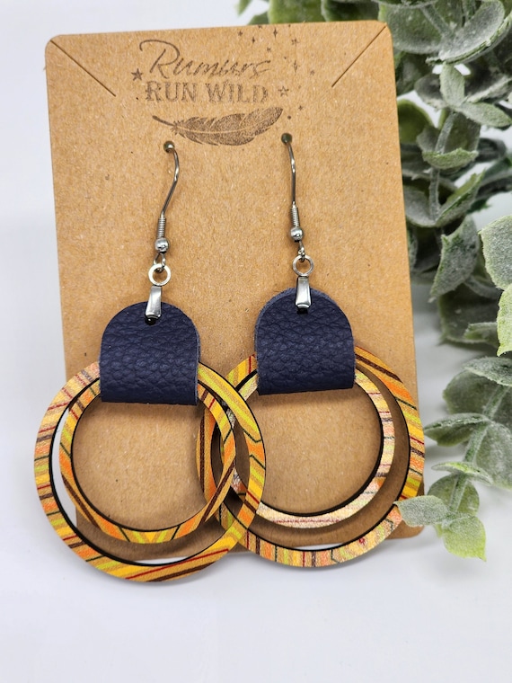 Retro Earrings For Women, Wood Dangle Earrings with Leather, Nickel Free Earrings, Wood Earrings Handmade, Yellow and Orange Jewelry for Her