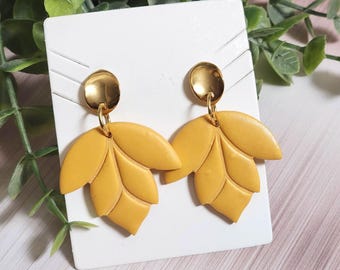Mustard Yellow Clay Earrings, Gold Post Dangle Earrings, Lightweight Leaf Earrings, Boho Statement Jewelry, Clearance Earrings