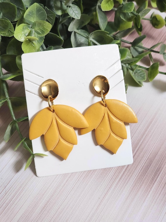 Mustard Yellow Clay Earrings, Gold Post Dangle Earrings, Lightweight Leaf Earrings, Boho Statement Jewelry, Clearance Earrings