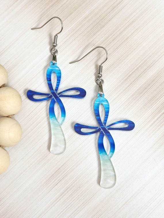 Ocean Cross Earrings, Beach Faith Jewelry, Coastal Christian Earrings, Blue Cross Dangles, Summer Religious Gift for Her