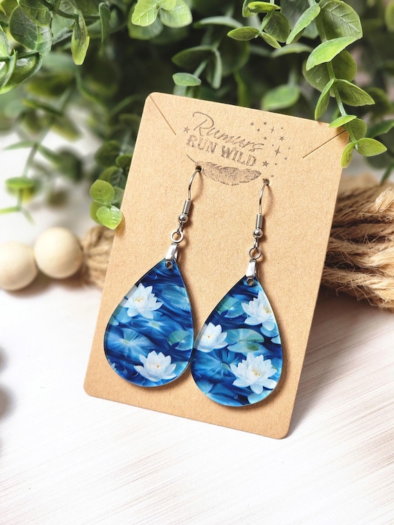 Blue Lotus Flower Earrings, Water Lily Dangle Earrings, Floral Acrylic Earrings, Gift for Plant Mom, Nature Lover Gift, Garden Boho Jewelry