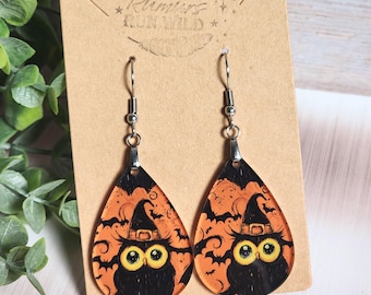 Halloween Owl Earrings, Witch Owl Earrings, Spooky Cute Earrings, Orange Black Acrylic Teardrop Dangles