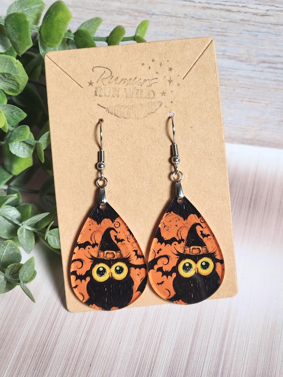 Halloween Owl Earrings, Witch Owl Earrings, Spooky Cute Earrings, Orange Black Acrylic Teardrop Dangles