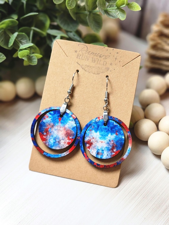 Bright and Colorful Wood Dangle Earrings, Red White and Blue Circle Earring for Her, Handmade Summer Earrings, Nickel Free Earrings for Mom
